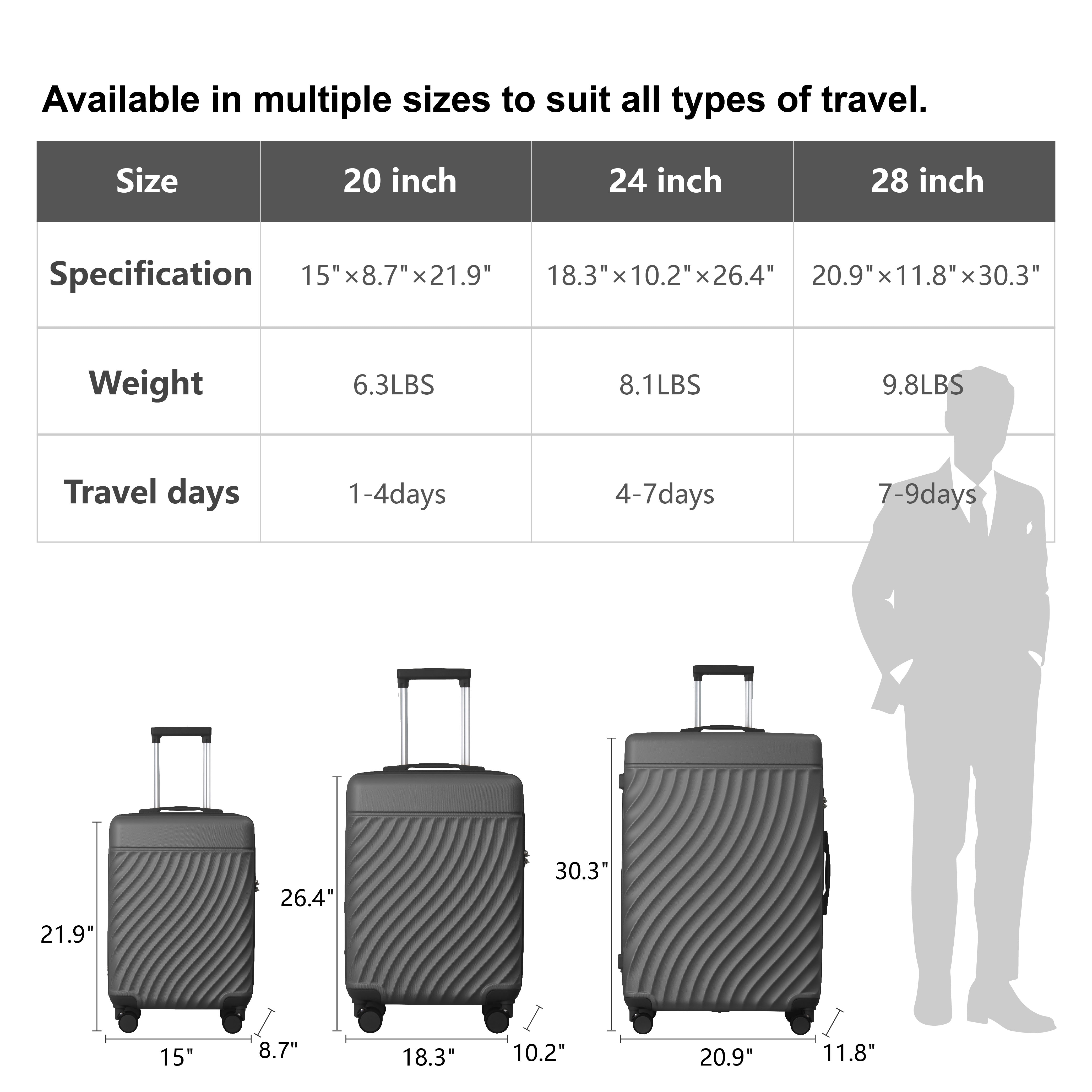 Luggage Sets ABS Hardshell 3pcs Luggage, Lightweight Durable Suitcase Sets Spinner Wheels Suitcase With TSA Lock 20''24''28'' Available(Grey Ash)_voghion.com